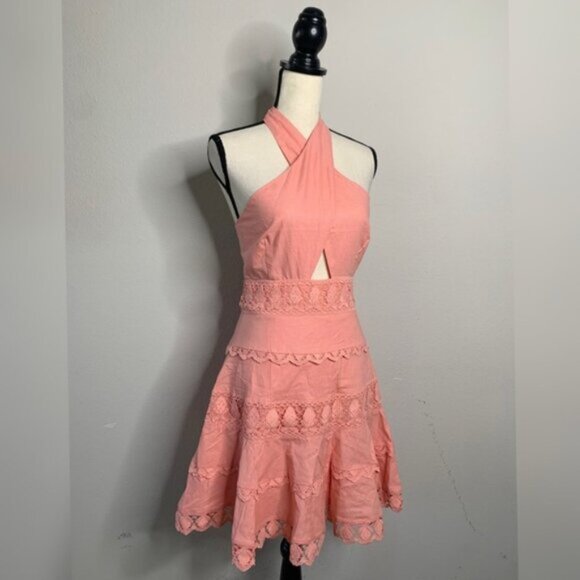 NWT Endless Rose Peach Halter Neck Lace Trim Mini Dress - Picture 5 of 13
